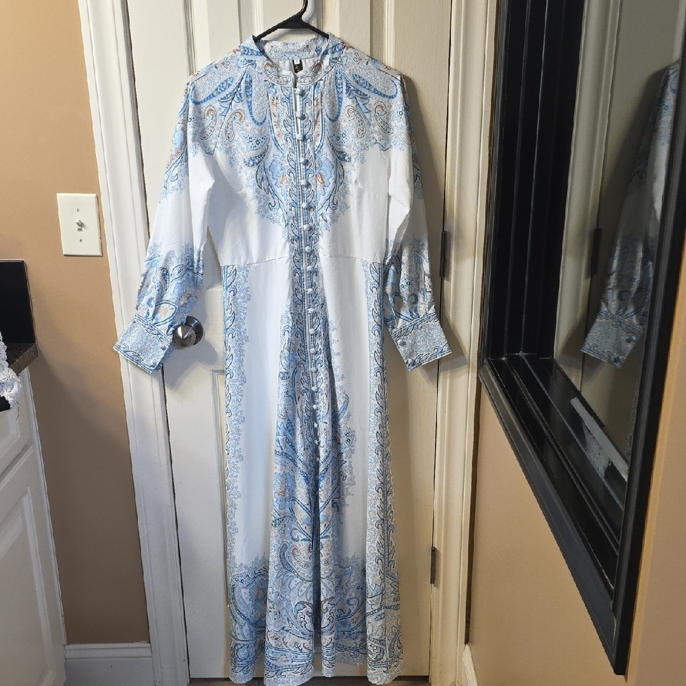 Chic Long Sleeve Paisley Dress in Blue and White